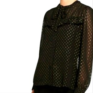NEW Neiman Marcus Black Metallic Gold Luxury Top Sheer Long Sleeves Bow Ruffled